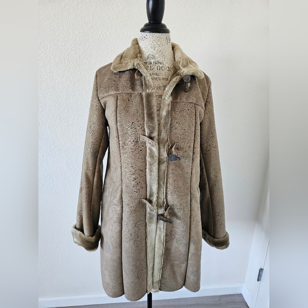 NWT Dennis Basso Boutique Faux Shearling Toggle Coat - Floral Embossed - Size S